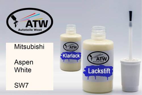 Mitsubishi, Aspen White, SW7: 20ml Lackstift + 20ml Klarlack - Set, von ATW Autoteile West.